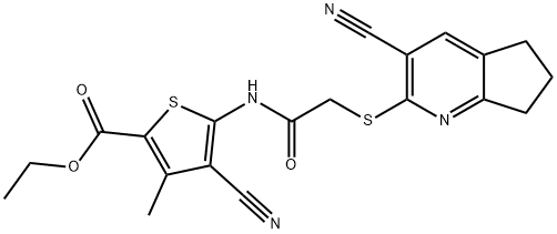 ethyl 4-cyano-5-({[(3-cyano-6,7-dihydro-5H-cyclopenta[b]pyridin-2-yl)sulfanyl]acetyl}amino)-3-methyl-2-thiophenecarboxylate Struktur