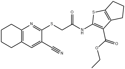 ethyl 2-({[(3-cyano-5,6,7,8-tetrahydro-2-quinolinyl)sulfanyl]acetyl}amino)-5,6-dihydro-4H-cyclopenta[b]thiophene-3-carboxylate Struktur