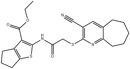 ethyl 2-({[(3-cyano-6,7,8,9-tetrahydro-5H-cyclohepta[b]pyridin-2-yl)sulfanyl]acetyl}amino)-5,6-dihydro-4H-cyclopenta[b]thiophene-3-carboxylate Struktur