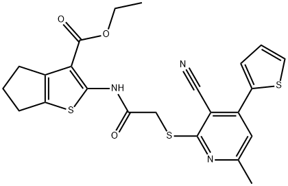 ethyl 2-[({[3-cyano-6-methyl-4-(2-thienyl)-2-pyridinyl]sulfanyl}acetyl)amino]-5,6-dihydro-4H-cyclopenta[b]thiophene-3-carboxylate Struktur