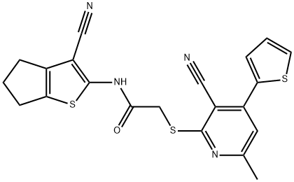 N-(3-cyano-5,6-dihydro-4H-cyclopenta[b]thien-2-yl)-2-{[3-cyano-6-methyl-4-(2-thienyl)-2-pyridinyl]sulfanyl}acetamide Struktur