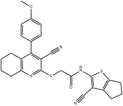 N-(3-cyano-5,6-dihydro-4H-cyclopenta[b]thien-2-yl)-2-{[3-cyano-4-(4-methoxyphenyl)-5,6,7,8-tetrahydro-2-quinolinyl]sulfanyl}acetamide Struktur