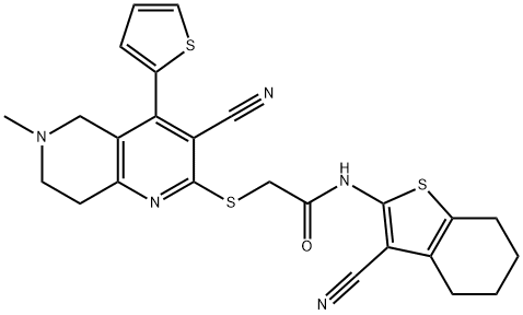 2-{[3-cyano-6-methyl-4-(2-thienyl)-5,6,7,8-tetrahydro[1,6]naphthyridin-2-yl]sulfanyl}-N-(3-cyano-4,5,6,7-tetrahydro-1-benzothien-2-yl)acetamide Struktur