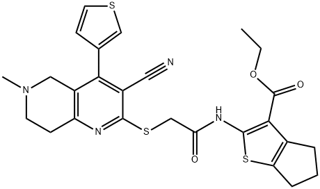 ethyl 2-[({[3-cyano-6-methyl-4-(3-thienyl)-5,6,7,8-tetrahydro[1,6]naphthyridin-2-yl]sulfanyl}acetyl)amino]-5,6-dihydro-4H-cyclopenta[b]thiophene-3-carboxylate Struktur