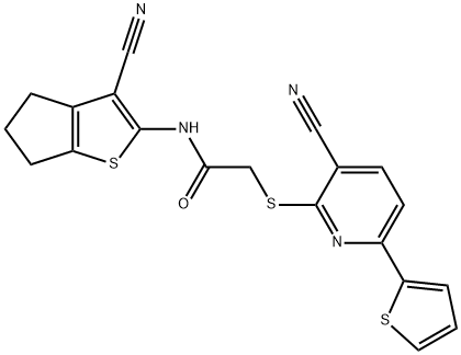 N-(3-cyano-5,6-dihydro-4H-cyclopenta[b]thien-2-yl)-2-{[3-cyano-6-(2-thienyl)-2-pyridinyl]sulfanyl}acetamide Struktur