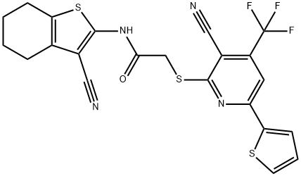 N-(3-cyano-4,5,6,7-tetrahydro-1-benzothien-2-yl)-2-{[3-cyano-6-(2-thienyl)-4-(trifluoromethyl)-2-pyridinyl]sulfanyl}acetamide Struktur