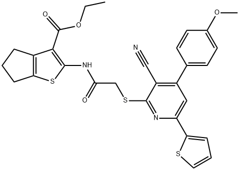 ethyl 2-[({[3-cyano-4-(4-methoxyphenyl)-6-(2-thienyl)-2-pyridinyl]sulfanyl}acetyl)amino]-5,6-dihydro-4H-cyclopenta[b]thiophene-3-carboxylate Struktur