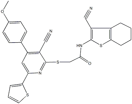 2-{[3-cyano-4-(4-methoxyphenyl)-6-(2-thienyl)-2-pyridinyl]sulfanyl}-N-(3-cyano-4,5,6,7-tetrahydro-1-benzothien-2-yl)acetamide Struktur