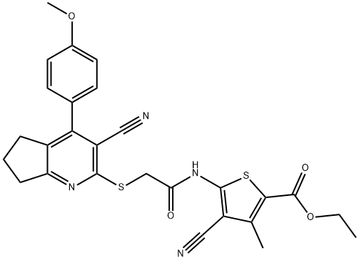 ethyl 4-cyano-5-[({[3-cyano-4-(4-methoxyphenyl)-6,7-dihydro-5H-cyclopenta[b]pyridin-2-yl]sulfanyl}acetyl)amino]-3-methyl-2-thiophenecarboxylate Struktur