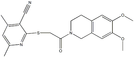 2-{[2-(6,7-dimethoxy-3,4-dihydro-2(1H)-isoquinolinyl)-2-oxoethyl]sulfanyl}-4,6-dimethylnicotinonitrile Struktur