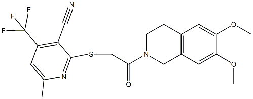 2-{[2-(6,7-dimethoxy-3,4-dihydro-2(1H)-isoquinolinyl)-2-oxoethyl]sulfanyl}-6-methyl-4-(trifluoromethyl)nicotinonitrile Struktur