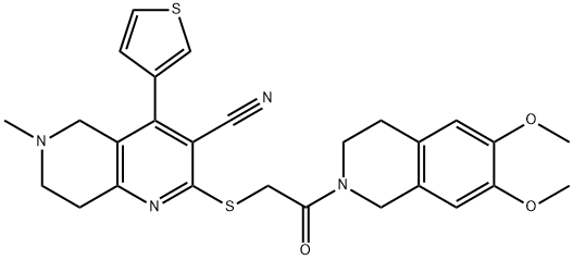 2-{[2-(6,7-dimethoxy-3,4-dihydro-2(1H)-isoquinolinyl)-2-oxoethyl]sulfanyl}-6-methyl-4-(3-thienyl)-5,6,7,8-tetrahydro[1,6]naphthyridine-3-carbonitrile Struktur