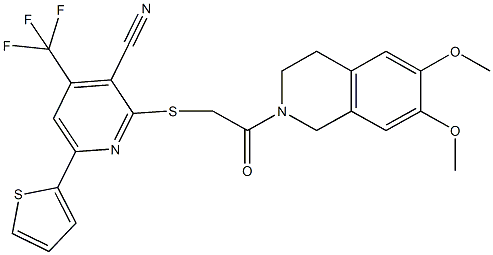 2-({2-[6,7-dimethoxy-3,4-dihydro-2(1H)-isoquinolinyl]-2-oxoethyl}sulfanyl)-6-(2-thienyl)-4-(trifluoromethyl)nicotinonitrile Struktur