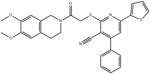 2-{[2-(6,7-dimethoxy-3,4-dihydro-2(1H)-isoquinolinyl)-2-oxoethyl]sulfanyl}-4-phenyl-6-(2-thienyl)nicotinonitrile Struktur