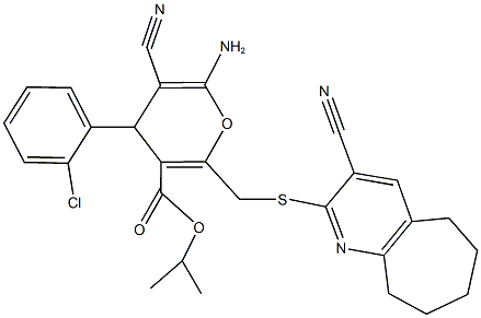 isopropyl 6-amino-4-(2-chlorophenyl)-5-cyano-2-{[(3-cyano-6,7,8,9-tetrahydro-5H-cyclohepta[b]pyridin-2-yl)sulfanyl]methyl}-4H-pyran-3-carboxylate Struktur