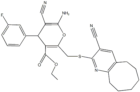 ethyl 6-amino-5-cyano-2-{[(3-cyano-5,6,7,8,9,10-hexahydrocycloocta[b]pyridin-2-yl)sulfanyl]methyl}-4-(3-fluorophenyl)-4H-pyran-3-carboxylate Struktur