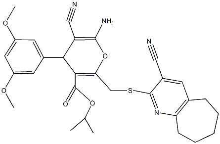 isopropyl 6-amino-5-cyano-2-{[(3-cyano-6,7,8,9-tetrahydro-5H-cyclohepta[b]pyridin-2-yl)sulfanyl]methyl}-4-(3,5-dimethoxyphenyl)-4H-pyran-3-carboxylate Struktur