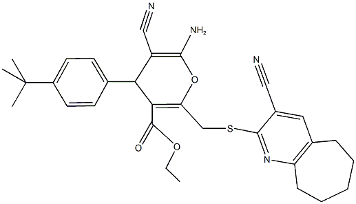 ethyl 6-amino-4-[4-(tert-butyl)phenyl]-5-cyano-2-{[(3-cyano-6,7,8,9-tetrahydro-5H-cyclohepta[b]pyridin-2-yl)sulfanyl]methyl}-4H-pyran-3-carboxylate Struktur