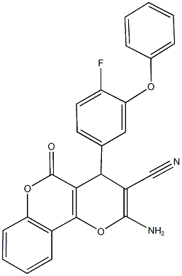 2-amino-4-(4-fluoro-3-phenoxyphenyl)-5-oxo-4H,5H-pyrano[3,2-c]chromene-3-carbonitrile Struktur