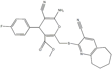 methyl 6-amino-5-cyano-2-{[(3-cyano-6,7,8,9-tetrahydro-5H-cyclohepta[b]pyridin-2-yl)sulfanyl]methyl}-4-(4-fluorophenyl)-4H-pyran-3-carboxylate Struktur