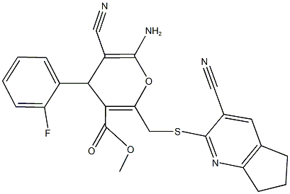 methyl 6-amino-5-cyano-2-{[(3-cyano-6,7-dihydro-5H-cyclopenta[b]pyridin-2-yl)sulfanyl]methyl}-4-(2-fluorophenyl)-4H-pyran-3-carboxylate Struktur