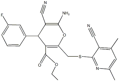 ethyl 6-amino-5-cyano-2-{[(3-cyano-4,6-dimethylpyridin-2-yl)sulfanyl]methyl}-4-(3-fluorophenyl)-4H-pyran-3-carboxylate Struktur