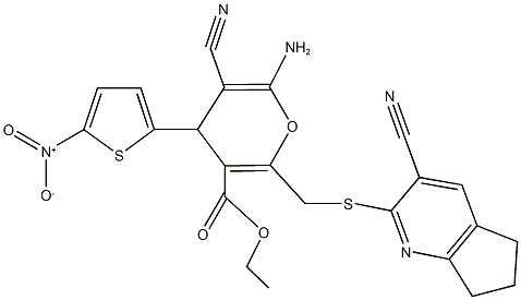 ethyl 6-amino-5-cyano-2-{[(3-cyano-6,7-dihydro-5H-cyclopenta[b]pyridin-2-yl)sulfanyl]methyl}-4-(5-nitro-2-thienyl)-4H-pyran-3-carboxylate Struktur