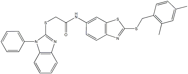 N-{2-[(2,4-dimethylbenzyl)sulfanyl]-1,3-benzothiazol-6-yl}-2-[(1-phenyl-1H-benzimidazol-2-yl)sulfanyl]acetamide Struktur