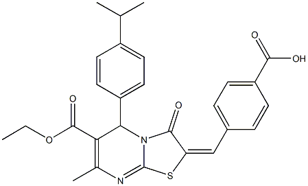 4-[(6-(ethoxycarbonyl)-5-(4-isopropylphenyl)-7-methyl-3-oxo-5H-[1,3]thiazolo[3,2-a]pyrimidin-2(3H)-ylidene)methyl]benzoic acid Struktur