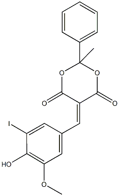 5-(4-hydroxy-3-iodo-5-methoxybenzylidene)-2-methyl-2-phenyl-1,3-dioxane-4,6-dione Struktur