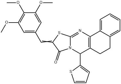 7-(2-thienyl)-10-(3,4,5-trimethoxybenzylidene)-5,7-dihydro-6H-benzo[h][1,3]thiazolo[2,3-b]quinazolin-9(10H)-one Struktur