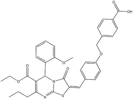 4-({4-[(6-(ethoxycarbonyl)-5-(2-methoxyphenyl)-3-oxo-7-propyl-5H-[1,3]thiazolo[3,2-a]pyrimidin-2(3H)-ylidene)methyl]phenoxy}methyl)benzoic acid Struktur