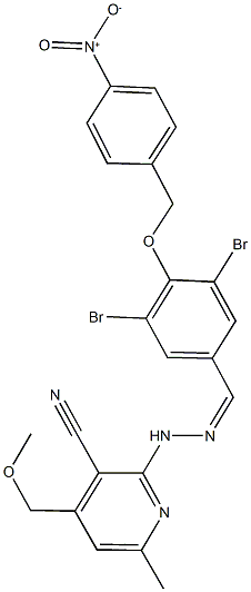 2-{2-[3,5-dibromo-4-({4-nitrobenzyl}oxy)benzylidene]hydrazino}-4-(methoxymethyl)-6-methylnicotinonitrile Struktur