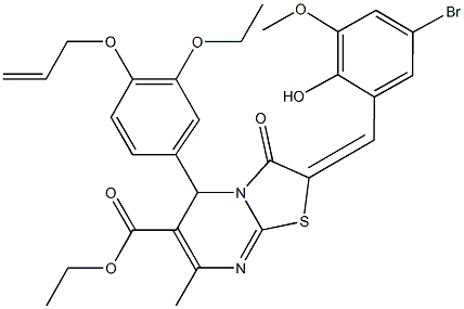 ethyl 5-[4-(allyloxy)-3-ethoxyphenyl]-2-(5-bromo-2-hydroxy-3-methoxybenzylidene)-7-methyl-3-oxo-2,3-dihydro-5H-[1,3]thiazolo[3,2-a]pyrimidine-6-carboxylate Struktur