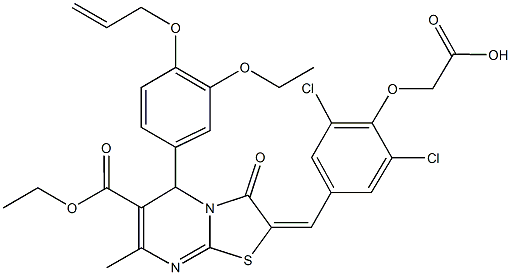 {4-[(5-[4-(allyloxy)-3-ethoxyphenyl]-6-(ethoxycarbonyl)-7-methyl-3-oxo-5H-[1,3]thiazolo[3,2-a]pyrimidin-2(3H)-ylidene)methyl]-2,6-dichlorophenoxy}acetic acid Struktur