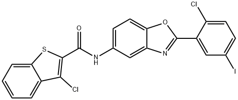 3-chloro-N-[2-(2-chloro-5-iodophenyl)-1,3-benzoxazol-5-yl]-1-benzothiophene-2-carboxamide Struktur