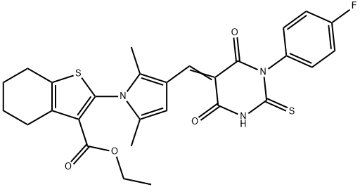 ethyl 2-{3-[(1-(4-fluorophenyl)-4,6-dioxo-2-thioxotetrahydro-5(2H)-pyrimidinylidene)methyl]-2,5-dimethyl-1H-pyrrol-1-yl}-4,5,6,7-tetrahydro-1-benzothiophene-3-carboxylate Struktur