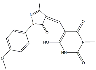 6-hydroxy-5-{[1-(4-methoxyphenyl)-3-methyl-5-oxo-1,5-dihydro-4H-pyrazol-4-ylidene]methyl}-3-methyl-2,4(1H,3H)-pyrimidinedione Struktur