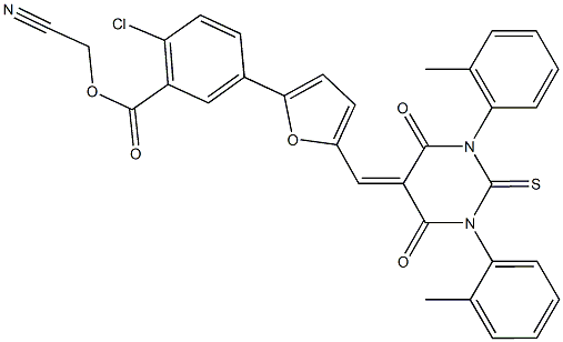 cyanomethyl 5-{5-[(1,3-bis(2-methylphenyl)-4,6-dioxo-2-thioxotetrahydro-5(2H)-pyrimidinylidene)methyl]-2-furyl}-2-chlorobenzoate Struktur