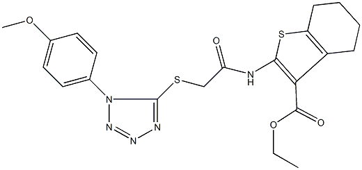 ethyl 2-[({[1-(4-methoxyphenyl)-1H-tetraazol-5-yl]sulfanyl}acetyl)amino]-4,5,6,7-tetrahydro-1-benzothiophene-3-carboxylate Struktur