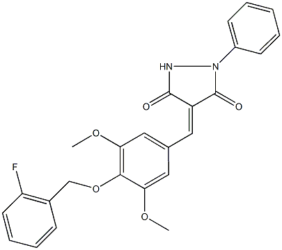 4-{4-[(2-fluorobenzyl)oxy]-3,5-dimethoxybenzylidene}-1-phenyl-3,5-pyrazolidinedione Struktur