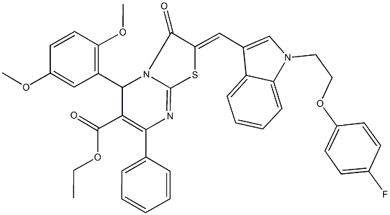 ethyl 5-(2,5-dimethoxyphenyl)-2-({1-[2-(4-fluorophenoxy)ethyl]-1H-indol-3-yl}methylene)-3-oxo-7-phenyl-2,3-dihydro-5H-[1,3]thiazolo[3,2-a]pyrimidine-6-carboxylate Struktur