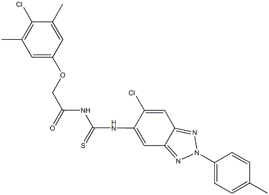 N-[(4-chloro-3,5-dimethylphenoxy)acetyl]-N'-[6-chloro-2-(4-methylphenyl)-2H-1,2,3-benzotriazol-5-yl]thiourea Struktur