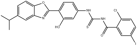 N-(2-chloro-5-iodobenzoyl)-N'-[3-hydroxy-4-(5-isopropyl-1,3-benzoxazol-2-yl)phenyl]thiourea Struktur