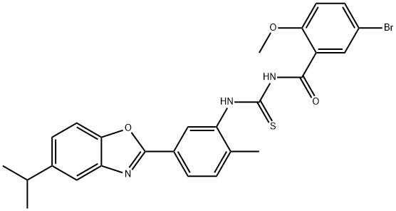 N-(5-bromo-2-methoxybenzoyl)-N'-[5-(5-isopropyl-1,3-benzoxazol-2-yl)-2-methylphenyl]thiourea Struktur