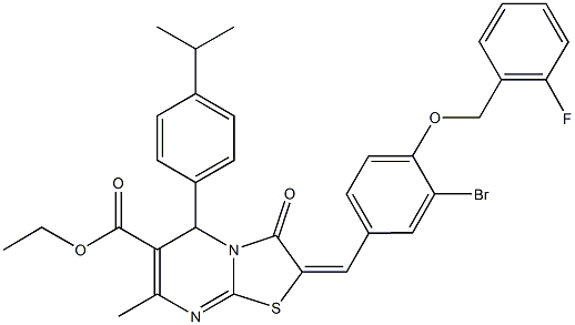 ethyl 2-{3-bromo-4-[(2-fluorobenzyl)oxy]benzylidene}-5-(4-isopropylphenyl)-7-methyl-3-oxo-2,3-dihydro-5H-[1,3]thiazolo[3,2-a]pyrimidine-6-carboxylate Struktur