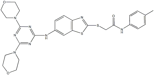 2-[(6-{[4,6-di(4-morpholinyl)-1,3,5-triazin-2-yl]amino}-1,3-benzothiazol-2-yl)sulfanyl]-N-(4-methylphenyl)acetamide Struktur