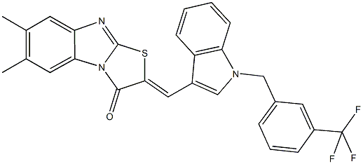 6,7-dimethyl-2-({1-[3-(trifluoromethyl)benzyl]-1H-indol-3-yl}methylene)[1,3]thiazolo[3,2-a]benzimidazol-3(2H)-one Struktur