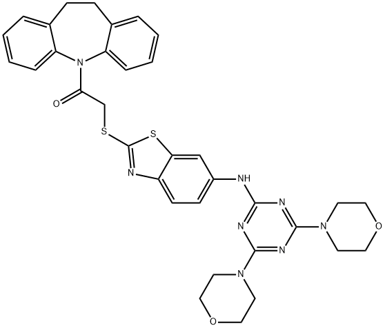 2-{[2-(10,11-dihydro-5H-dibenzo[b,f]azepin-5-yl)-2-oxoethyl]sulfanyl}-N-(4,6-dimorpholin-4-yl-1,3,5-triazin-2-yl)-1,3-benzothiazol-6-amine Struktur