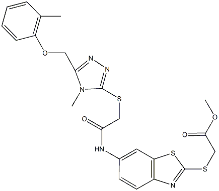 methyl [(6-{[({4-methyl-5-[(2-methylphenoxy)methyl]-4H-1,2,4-triazol-3-yl}sulfanyl)acetyl]amino}-1,3-benzothiazol-2-yl)sulfanyl]acetate Struktur